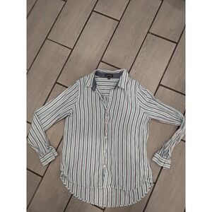 Needle & Cloth Womens Blue Teal Striped Linen Blend Button Down Shirt Medium